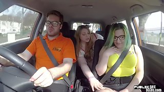 Chubby student driving publicly fucked by tutor outdoors in the car