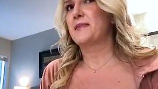 Blonde cumshot amateur MILF POV jerking in the kitchen