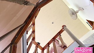 Amateur kinky couple risky fuck on top of the staircase