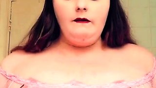 Busty curly brunette with big boobs fucks on couch