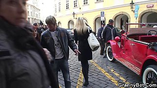 Horny dude picks up redhead granny for play