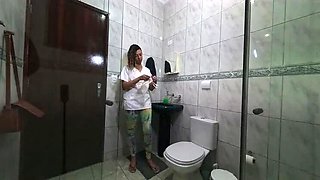 Naughty maid changes clothes in bathroom