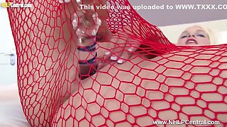 Filthy Blonde Wanks Huge Dildo In Sexy Red Fishnets And Heels With Kelly Fox And Dildo Masturbation
