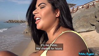 Beach stunner fucked on a public beach and then in personal swimming pool - public agent