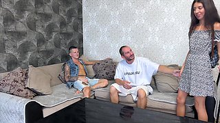 Three Guys Share Slim Brunette For Blowjob And Tough Anal