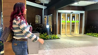 Adorable blonde teen slut with big boobs flashing in public