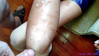 LongLikeLikk cums all over her blue dress and nylon feet