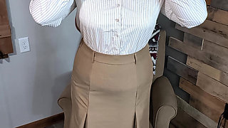 Classy Redhead 50S Secretary or Teacher Outfit Dressing From Girdle and Stockings - Heels, Dress, Blouse, and No Panties