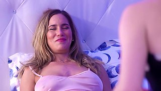 A blonde and a brunette are licking and fooling around