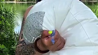 Lewd brunette ashley storm jerks big cock outdoor