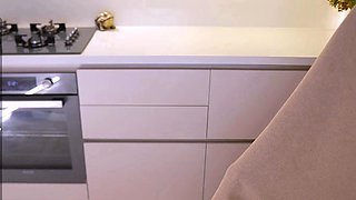 Sexy Blonde Maid in Stockings Masturbates on Kitchen Counter