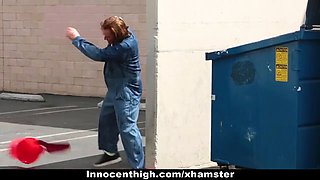 Thin cheerleader tied up and banged by janitor