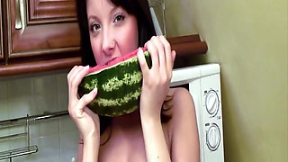 Brunette Rubs Juicy Watermelon All Over Naked Body