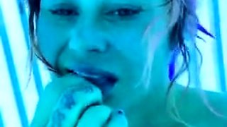 Freckled short pawn with white girl dreads has fun alone in