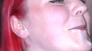 Redhead Babe with Small Tits Gets Her First Bukkake