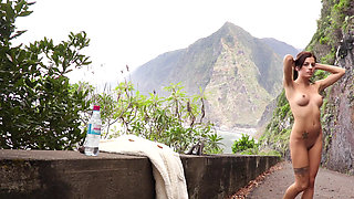 Charming Silvia Dellai with big tits fucks herself in the street