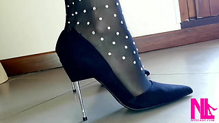 Sensual Dangling and Seducing in Black Wolford Pantyhose and Black Pumps with Metal Heels