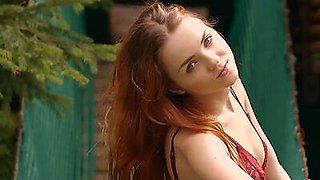 Petite redhead Russian Kate Great stripping on a suspension bridge outdoor