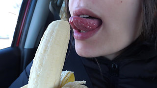 My Indian Stepsister Sucks Banana in Car and Does Mouth Fetish After Sucking Banana and Eating It