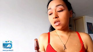 Hot Latina babe Saturno Squirt finishes her makeup and starts pleasuring her smooth-shaven kitty with multiple orgasms