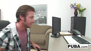 Before he gets paid, a prospective employer should see how this busty blonde bitch fucks.