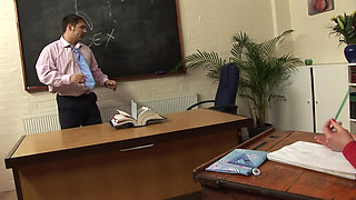 Big boobed brunette in college uniform enjoys in the classroom fuck