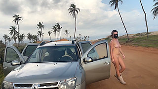 Naked Busty Blonde Walks by Car on Public Road