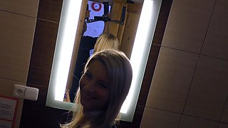 Saffy British blond teasing solo stocking heel show