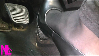 Revving and Driving in Black Pantyhose and Grey High Heels