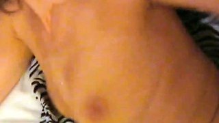 Small titted brunette teen fingering on the bed