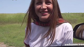 Slim Petite Latina Babe Pleases a Stranger With BJ & Sex In His Car To Get Money For College